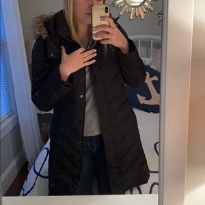 Black Thigh-Length Down Jacket w/ Fur Hood